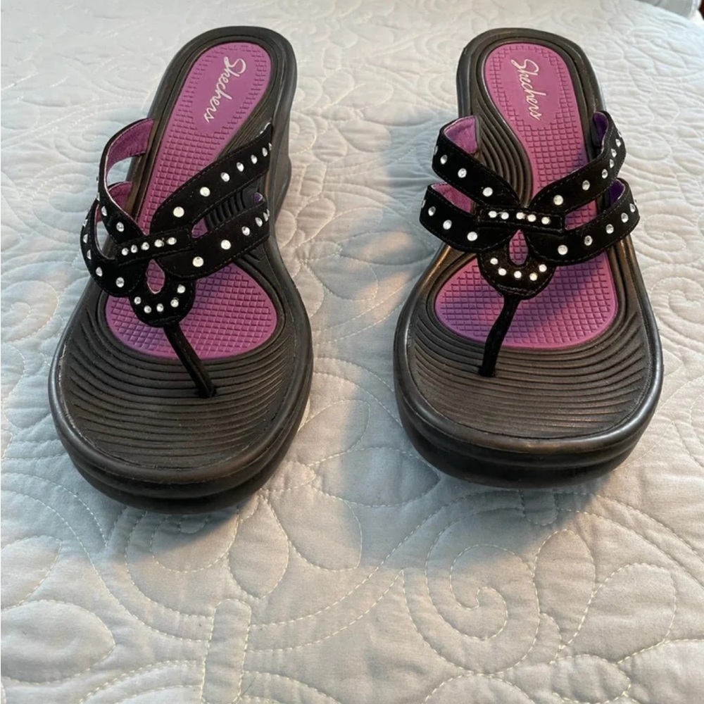 Skechers Black Sandals with Clear Rhinestones